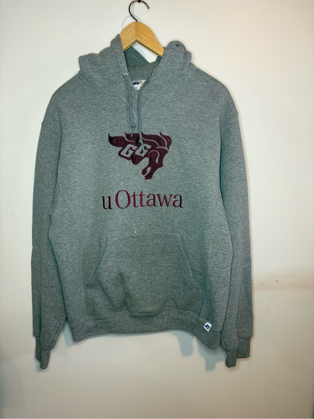 Russell Athletic uOttawa Grey Hoodie with Maroon GeeGees Logo